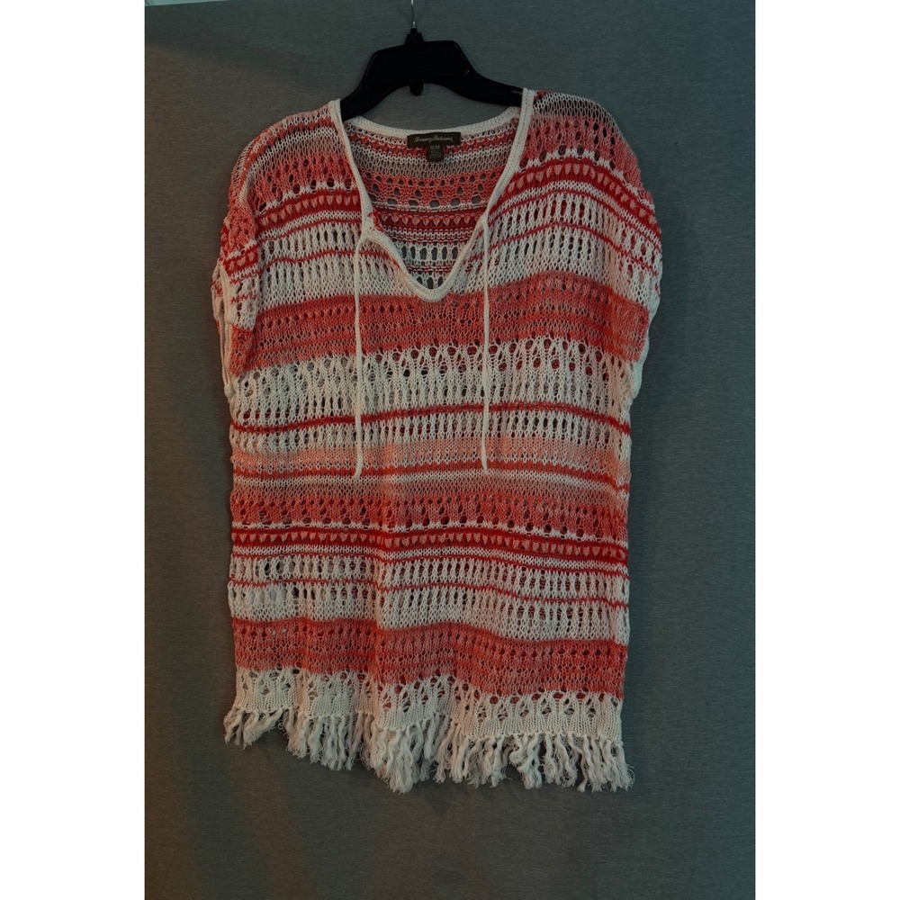 Tommy Bahama Knit Top Women Medium Coral Excellent Striped Fringe Cover Up